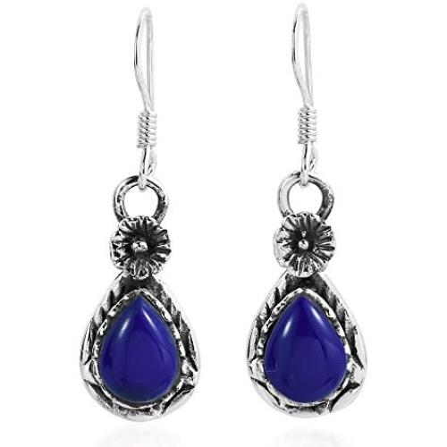 Classic Chic Teardrop Simulated Blue Lapis-Lazuli & Flower .925 Sterling Silver Dangle Earrings