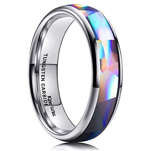 King Will Mens 4mm 6mm 8mm Silver/Rose Gold Tungsten Carbide Ring Inlaid Triangle White/Blue Opal Sticker Dome Wedding Engagement Band
