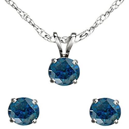 Dazzlingrock Collection Round Blue Diamond Ladies Stud Earring & Pendant Set