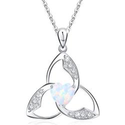 Irish Necklace Celtic Trinity Knot 925 Sterling Silver Opal Good Luck Love Heart Pendant Necklace Triangle for Women Birthday Gifts