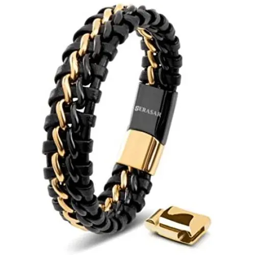 SERASAR | Premium Genuine Leather Bracelet for Men in Black | Magnetic Stainless Steel Clasp in Black, Silver and Gold | Exclusive Jewellery Box | Great Gift Idea SERASAR | Premium Genuine Leather Bracelet for Men in Black | Magnetic Stainless Steel Clasp in Black, Silver and Gold | Exclusive Jewellery Box | Great Gift Idea