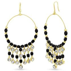Steve Madden Yellow Gold Tone And Black Beaded Front Hoop Dangle Earrings For Women, one size (SME517555GD)
