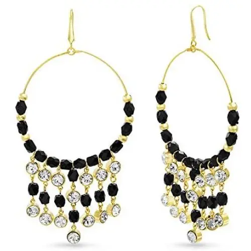 Steve Madden Yellow Gold Tone And Black Beaded Front Hoop Dangle Earrings For Women, one size (SME517555GD)