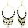 Steve Madden Yellow Gold Tone And Black Beaded Front Hoop Dangle Earrings For Women, one size (SME517555GD)