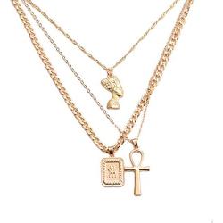 HUJUON 3-Layer Nefertiti Pharaoh Necklace. Punk Gold Egyptian Queen Cross Pendant Necklace,Hip Hop African Women Men Girls Jewelry