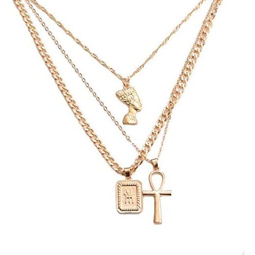 HUJUON 3-Layer Nefertiti Pharaoh Necklace. Punk Gold Egyptian Queen Cross Pendant Necklace,Hip Hop African Women Men Girls Jewelry