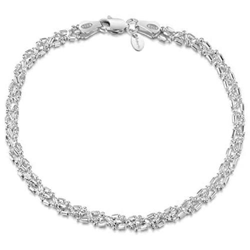 Amberta 925 Sterling Silver 3.5 mm Ball Bead and Bar Chain Bracelet Size 7'' 7.5'' 8'' in