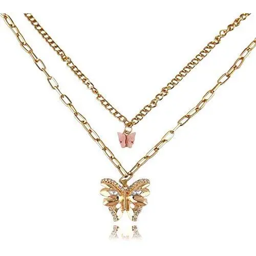 Double Butterfly Pendant Necklace, Bohemian Metal Layered Necklace, Cute Animal Butterfly Clavicle Chain for Women Girl
