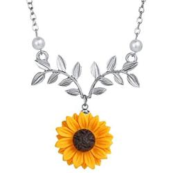 NICEMOVIC Sunflower Pearl Necklace Sweet Resin Daisy Flower Choker Necklace Leaf Pendant Necklace Fashion Jewelry Gift for Women and Girls.(Silver)