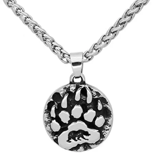 GuoShuang Stainless Steel Nordic Viking Amulet Rune Small Bear paw Necklace with Valknut Gift Bag GuoShuang Stainless Steel Nordic Viking Amulet Rune Small Bear paw Necklace with Valknut Gift Bag
