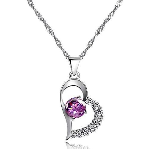 Uloveido White Gold Plated Arrow Heart Pendant Necklace for Women Girls with Purple White Cubic Zirconia N662