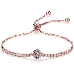 espere Micropave Disc Bolo Bracelet Adjustable 10 Inch 14K Rose Gold/White Gold Plating