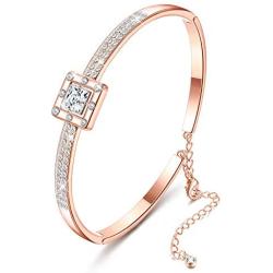 Sllaiss Rose Gold Swarovski Crystal Bangle Bracelet for Women Square Cuff Bracelet with Adjustable Chain Jewelry for Birthday Anniversary
