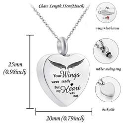 LuxglitterLin Angel Wing Charm Heart Love Urn Necklace for Ashes 12 Colors Birthstone Cremation Jewelry Memorial Pendant-Your Wings were Ready But My Heart was Not