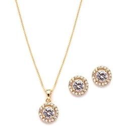 Mariell Ultra Dainty 10.5mm Cubic Zirconia Round Halo Necklace and Stud Earrings Set Plated in 14K Gold