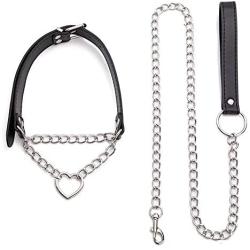 Punk Leather Leash Choker Adjustable Gothic Metal Necklace with Chain Detachable Heart O-Ring Belts Harness with Leash Collar for Women Men Cosplay Couple Jewelry