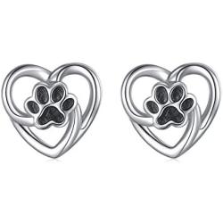 S925 Sterling Silver Animal Jewelry Puppy Dog Cat Pet Paw Print Love Heart Stud Earrings for Women Girls