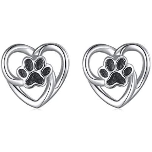 S925 Sterling Silver Animal Jewelry Puppy Dog Cat Pet Paw Print Love Heart Stud Earrings for Women Girls