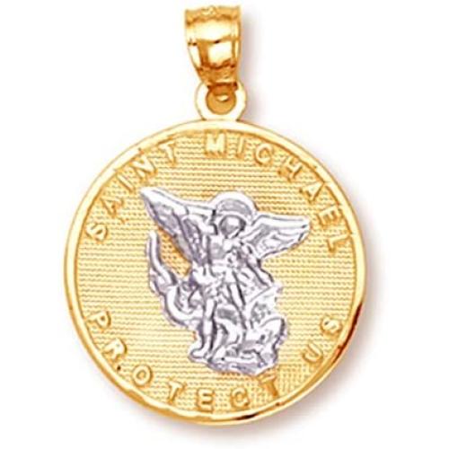 14k Gold Saint Michael Medal Protection Charm Pendant (White-and-Yellow-Gold)