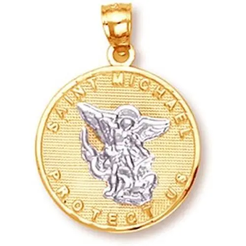 14k Gold Saint Michael Medal Protection Charm Pendant (White-and-Yellow-Gold) 14k Gold Saint Michael Medal Protection Charm Pendant (White-and-Yellow-Gold)