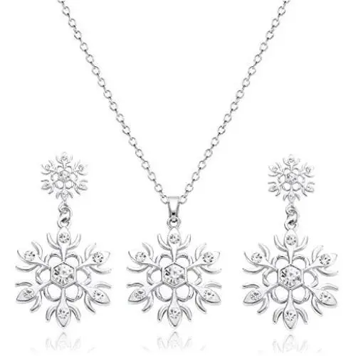 BVGA Christmas Snowflake Necklace Earrings Xmas Crystal Snowflake Pendant Necklace Dangle Earrings Set Winter Holiday Jewelry Set Gifts