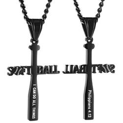 HZMAN Softball Bat Cross Pendant, I CAN DO ALL THINGS STRENGTH Bible Verse Stainless Steel Necklace