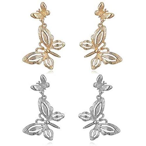 Fashion Alloy Double Butterfly Earrings Jewelry Boho Retro Ethnic Golden Exaggerated Size Butterfly Ear Hook Studs Women 2pcs