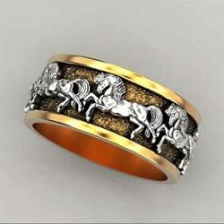 Horse Ring for Men, Vintage Running Horses Ring, Gold Plated Boho Ethnic Horse Family Rings, Retro Horse Totem Amulet Ring, Hip Hop Ring, Punk Rock Animal Horse Jewelry Gift for Men Boys