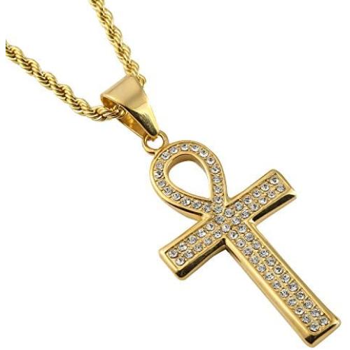 241 Fashion Jewelry Stainless Steel 18K Gold Plated Cross Pendant Mens Necklace with Clear Rhinestone 24 inches Cuban Chain Ankh Pendant