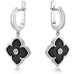 Mother of Pearl or Black Onyx Flower Dangle Drop Earrings for Women with Cubic Zirconia in 925 Sterling Silver Hinged Back by Lavari Jewelers