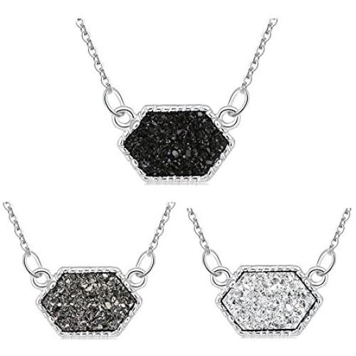 MissNity Colorful Faux Druzy Jewelry Set Drusy Necklace Silver Plated Hexagon Pendant Christmas Womens Gift for Her