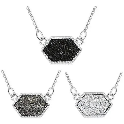 MissNity Colorful Faux Druzy Jewelry Set Drusy Necklace Silver Plated Hexagon Pendant Christmas Womens Gift for Her