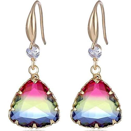 18K Gold Plated Fire Rainbow Color Austrian Crystal Dangle Drop Earrings
