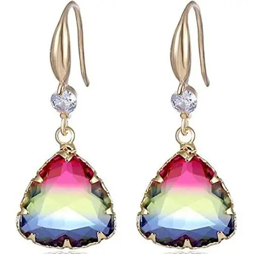 18K Gold Plated Fire Rainbow Color Austrian Crystal Dangle Drop Earrings 18K Gold Plated Fire Rainbow Color Austrian Crystal Dangle Drop Earrings