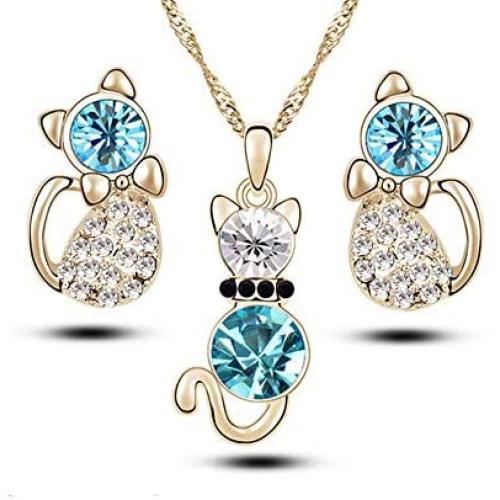 Comelyjewel Premium Quality 4 Pcs Fashion Zircon Crystal Cat Necklace Animal Earrings Jewelry Set Silver blue
