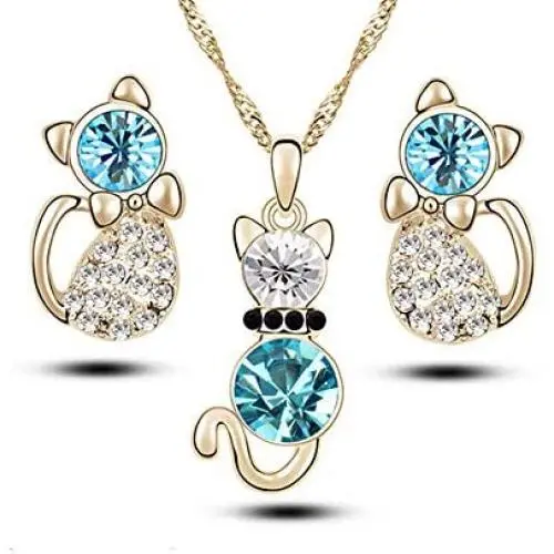 Comelyjewel Premium Quality 4 Pcs Fashion Zircon Crystal Cat Necklace Animal Earrings Jewelry Set Silver blue