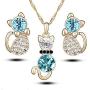 Comelyjewel Premium Quality 4 Pcs Fashion Zircon Crystal Cat Necklace Animal Earrings Jewelry Set Silver blue