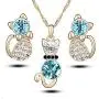 Comelyjewel Premium Quality 4 Pcs Fashion Zircon Crystal Cat Necklace Animal Earrings Jewelry Set Silver blue