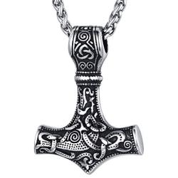 FaithHeart Norse Viking Thors Hammer Talisman Necklace, Stainless Steel Men Vintage Original Jewelry Nordic Viking Vegvisir Mjolnir Compass Amulet Pendant (Gift Packaging)