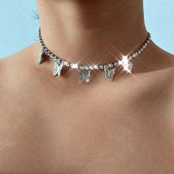 Zoestar Butterfly Choker Necklace Gorgeous Crystal Pendant Necklaces Sparkly Butterfly Chain Jewelry for Women (Silver)