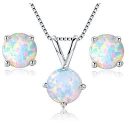 GEMSME 8MM Round Opal Pendant Necklace and 6MM Round Birthstone Stud Earrings Set (white-gold-plated-base)