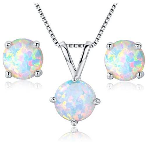 GEMSME 8MM Round Opal Pendant Necklace and 6MM Round Birthstone Stud Earrings Set (white-gold-plated-base)