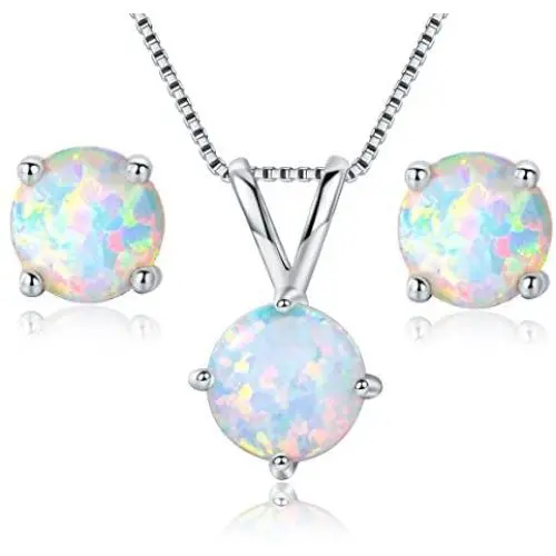 GEMSME 8MM Round Opal Pendant Necklace and 6MM Round Birthstone Stud Earrings Set (white-gold-plated-base) GEMSME 8MM Round Opal Pendant Necklace and 6MM Round Birthstone Stud Earrings Set (white-gold-plated-base)