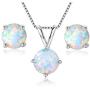 GEMSME 8MM Round Opal Pendant Necklace and 6MM Round Birthstone Stud Earrings Set (white-gold-plated-base)