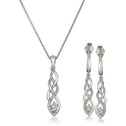 Amazon Collection Sterling Silver Diamond Twist Pendant Necklace and Earrings Box Set (1/5 cttw), 18''