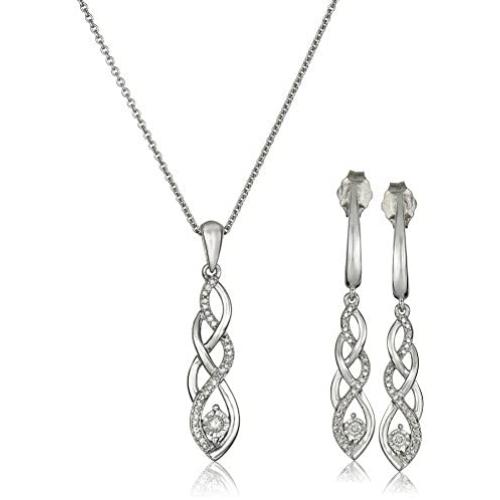 Amazon Collection Sterling Silver Diamond Twist Pendant Necklace and Earrings Box Set (1/5 cttw), 18''