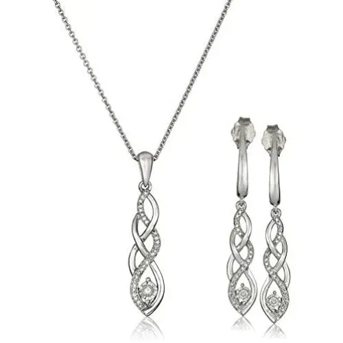 Amazon Collection Sterling Silver Diamond Twist Pendant Necklace and Earrings Box Set (1/5 cttw), 18''