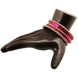 Touchstone ''Colorful Collection Indian Bollywood Alloy Single Line Clear Rhinestone and Textured Fuchsia Pink Color Bangle Bracelets Set of 18 in Antique Gold Tone for Women.