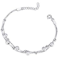 ESSIE ODILA Women 925 Sterling Silver Bracelet Boho Beach Dainty Dot Fashion Beads Chain Silver Ball CZ Bracelet for Women