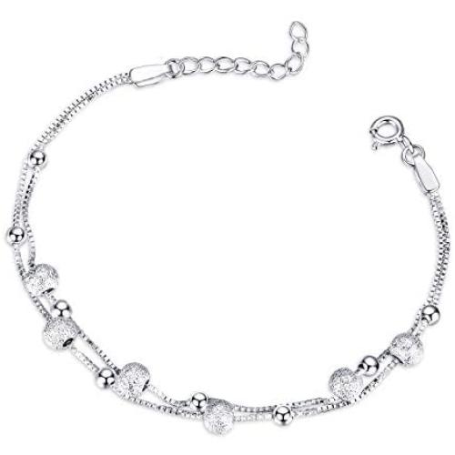 ESSIE ODILA Women 925 Sterling Silver Bracelet Boho Beach Dainty Dot Fashion Beads Chain Silver Ball CZ Bracelet for Women